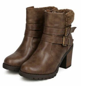 Leatherette Shearling Buckled Chunky Heel Bootie